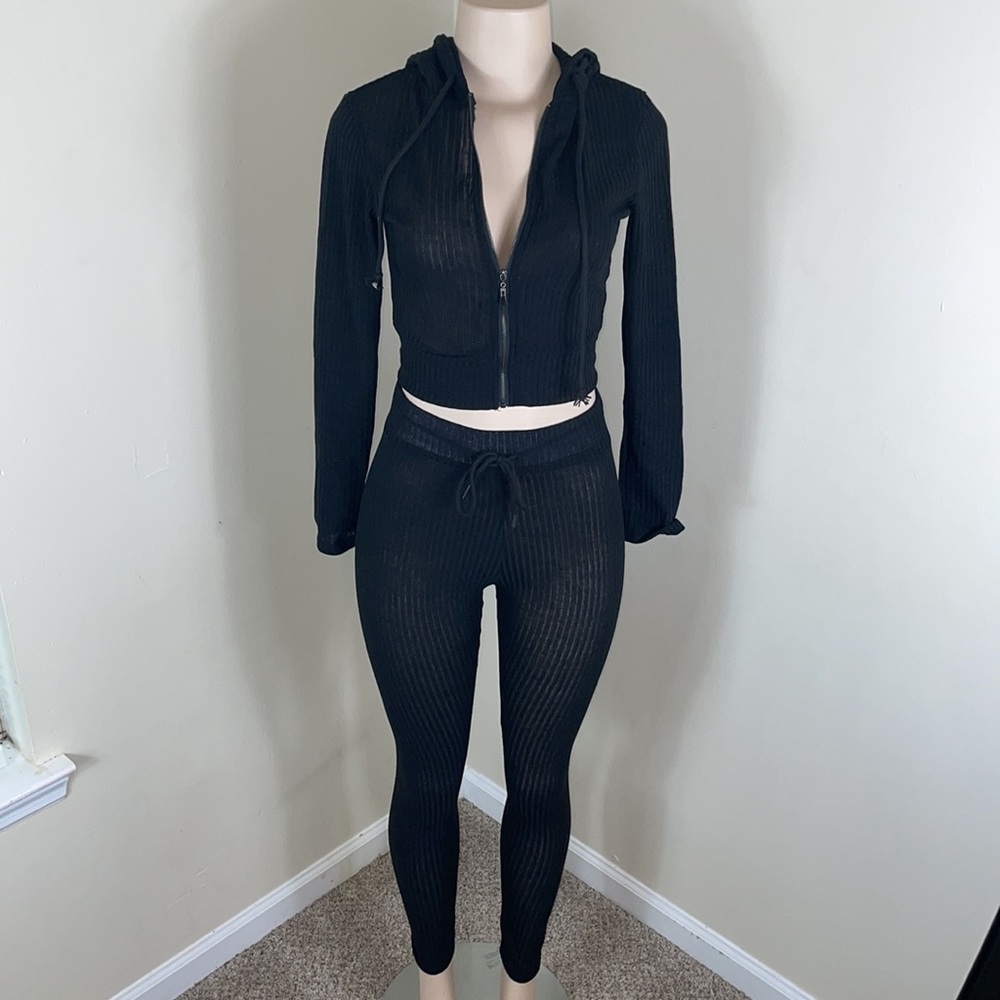 Black Ribbed Skinny Legging & Zip Up Hoodie Set